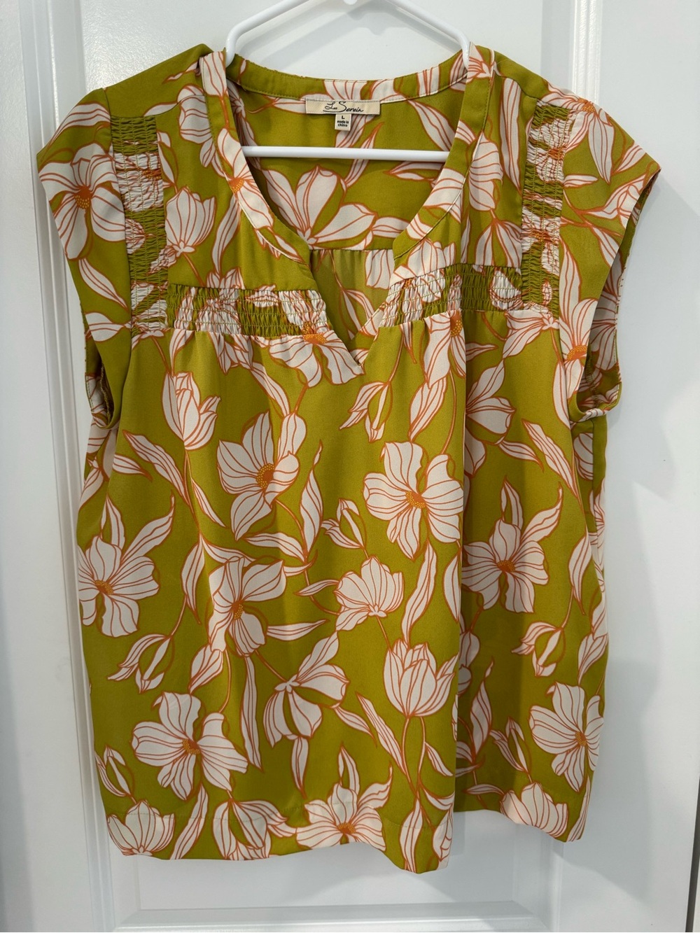 Olive Floral Smocked Cap-Sleeve Women's Top